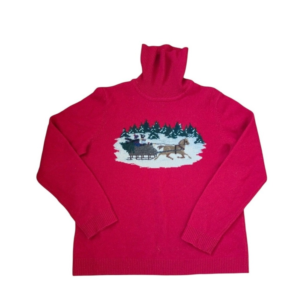 Ralph Lauren VTG 80s Lambswool Red Winter Scene‎ Preppy Holiday Sweater L READ